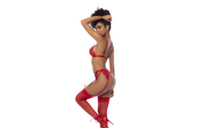 Red 3 Pc Set w/ Bralette, Garter Belt and Thong