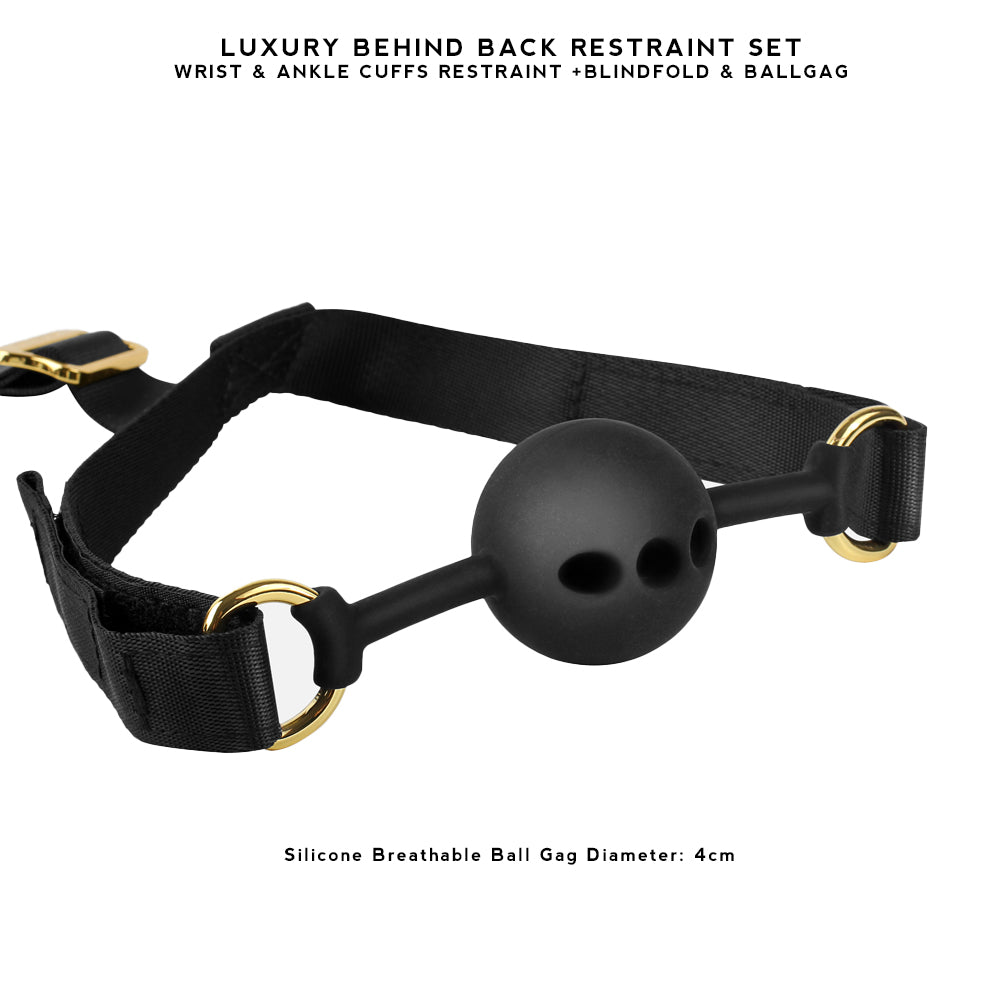 Luxury BDSM Behind Back Restraint Set with Blindfold & Ball Gag with Nylon Hook-and-loop fasteners Wrist & Ankle Cuffs Restraint