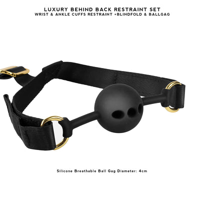 Luxury BDSM Behind Back Restraint Set with Blindfold & Ball Gag with Nylon Hook-and-loop fasteners Wrist & Ankle Cuffs Restraint