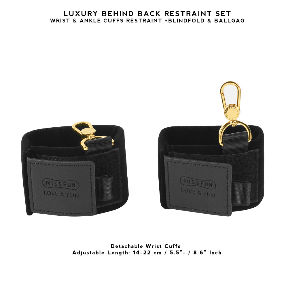 Luxury BDSM Behind Back Restraint Set with Blindfold & Ball Gag with Nylon Hook-and-loop fasteners Wrist & Ankle Cuffs Restraint