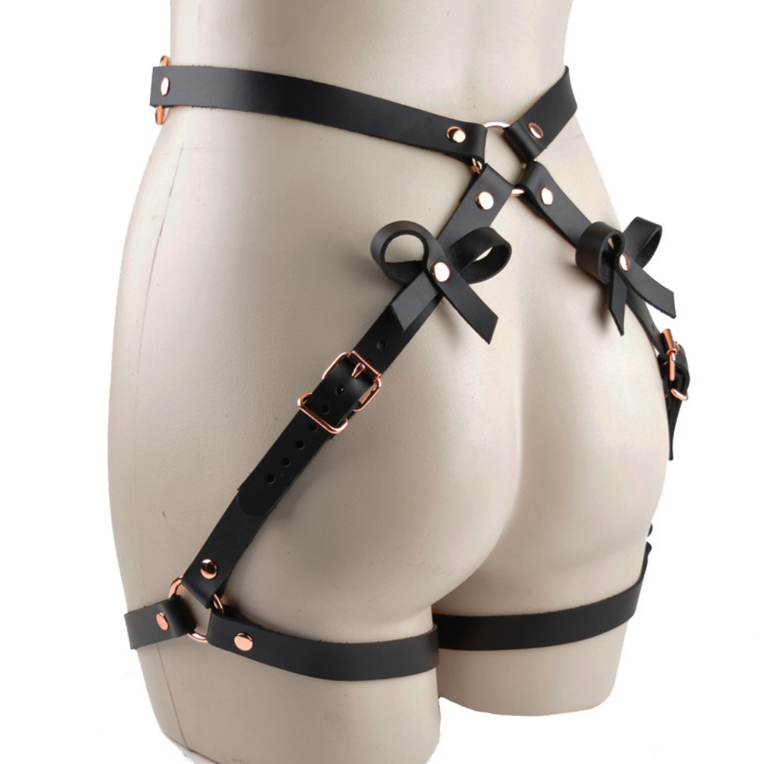 Leather Booty Bow Harness with Wrist Cuffs Add-On