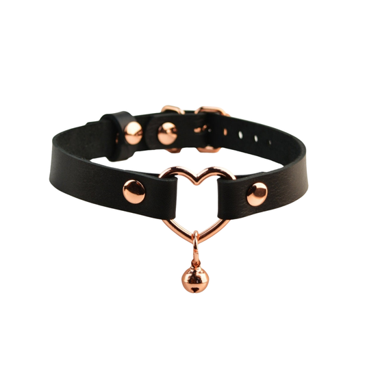 Leather Heart Ring Choker with Bell